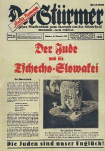 NSDAP newspaper, claiming that the Jews are the real enemies of the Czechs, with a drawing by the Czech anti-Semite Karel Rélink "The Kosher Butchered Slavhood"