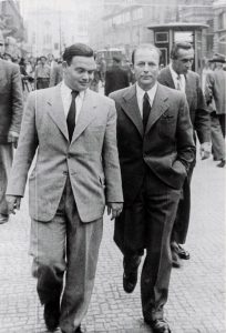 Richard Popper (left) and Rudolf Schenk (right), walking on Na Příkope Street in Prague, Summer/Autumn 1948