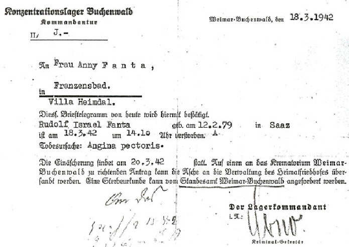 Concentration Camp Buchenwald reports the death of Rudolf Fanta to his widow